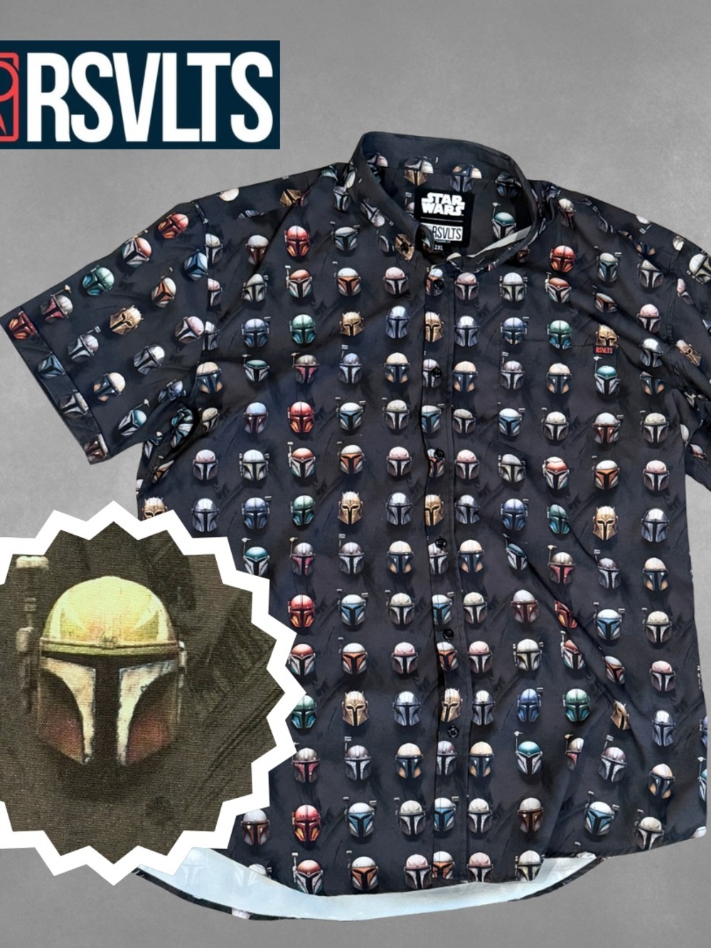 RSVLTS Black Short-Sleeve Button Shirt with Multicolor Mandalorian Helmets XXL